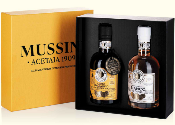 Mussini Cofanetto Il Denso geschenkdoos met Aceto Balsamico en Bianco, 2x250ml